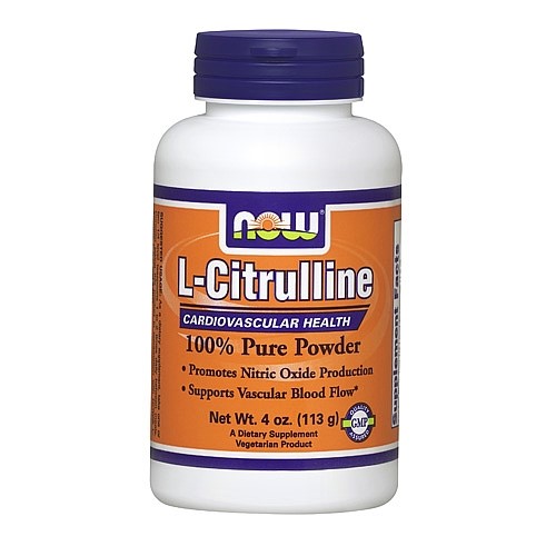 White bottle with a purple lid, labeled "L-Citrulline Pure Powder" in orange and blue, 4 oz size, highlighting benefits for cardiovascular health and nitric oxide support.