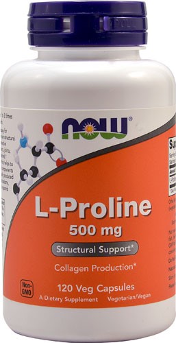 White bottle with a purple cap, featuring an orange label that reads "L-Proline 500 mg" and "120 Veg Capsules," highlighting collagen production and structural support.
