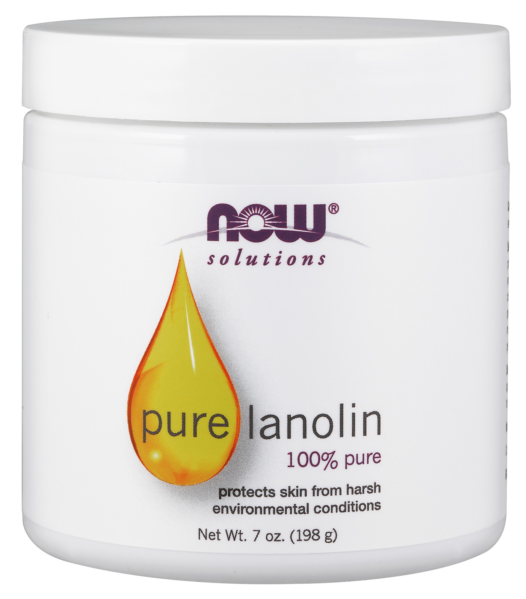 White jar with a screw-top lid, labeled "NOW Solutions Pure Lanolin" in purple and orange, featuring a droplet graphic, containing 7 ounces of thick jelly for skin protection.