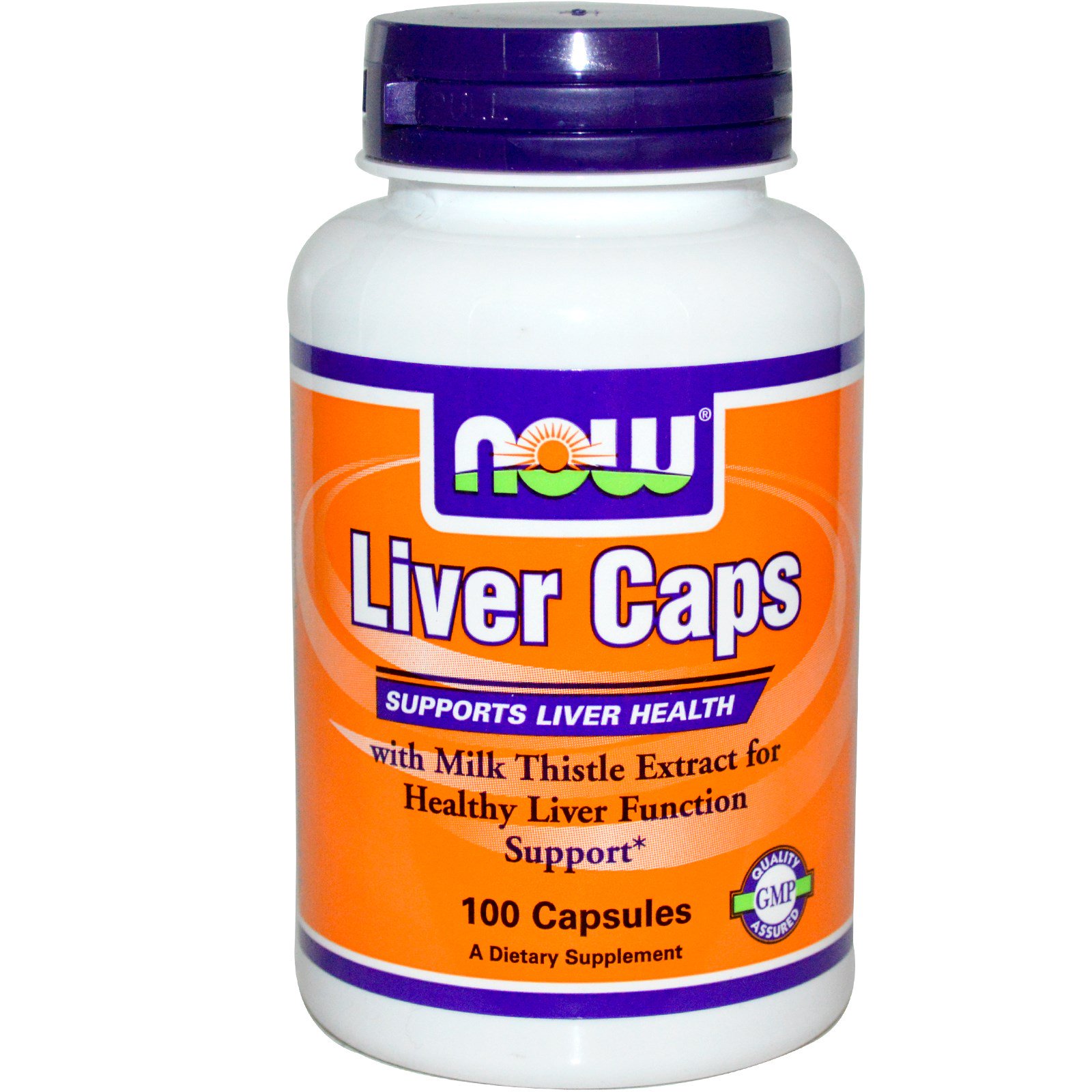 White bottle with a purple and orange label, labeled "NOW Liver Caps," containing 100 capsules, featuring "supports liver health" and "with Milk Thistle Extract" text.