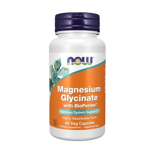 White bottle with a purple cap labeled "Now Foods Magnesium Glycinate with BioPerine," featuring green and blue accents, containing 60 veggie capsules for nervous system support.