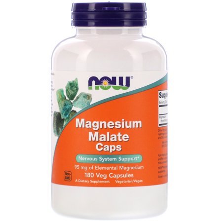 Clear plastic bottle with a blue cap, labeled "NOW" in purple, containing 180 green and white vegetarian capsules, promoting magnesium for nervous system support.