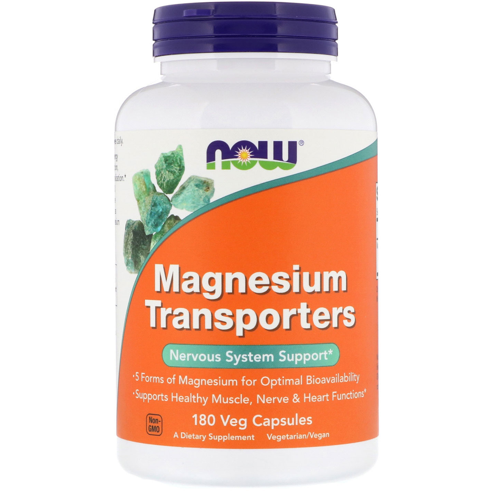 White bottle with an orange label, featuring the text "Magnesium Transporters" and "Nervous System Support," contains 180 green veg capsules, by NOW Foods.