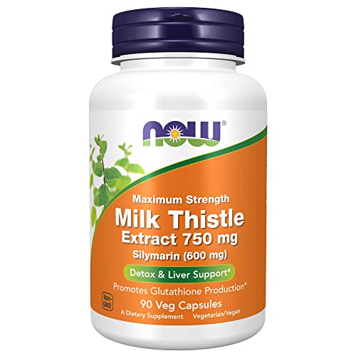 White bottle with an orange label, featuring "NOW" logo, labeled "Milk Thistle Extract 750 mg" and "Detox & Liver Support," containing 90 vegetarian capsules.