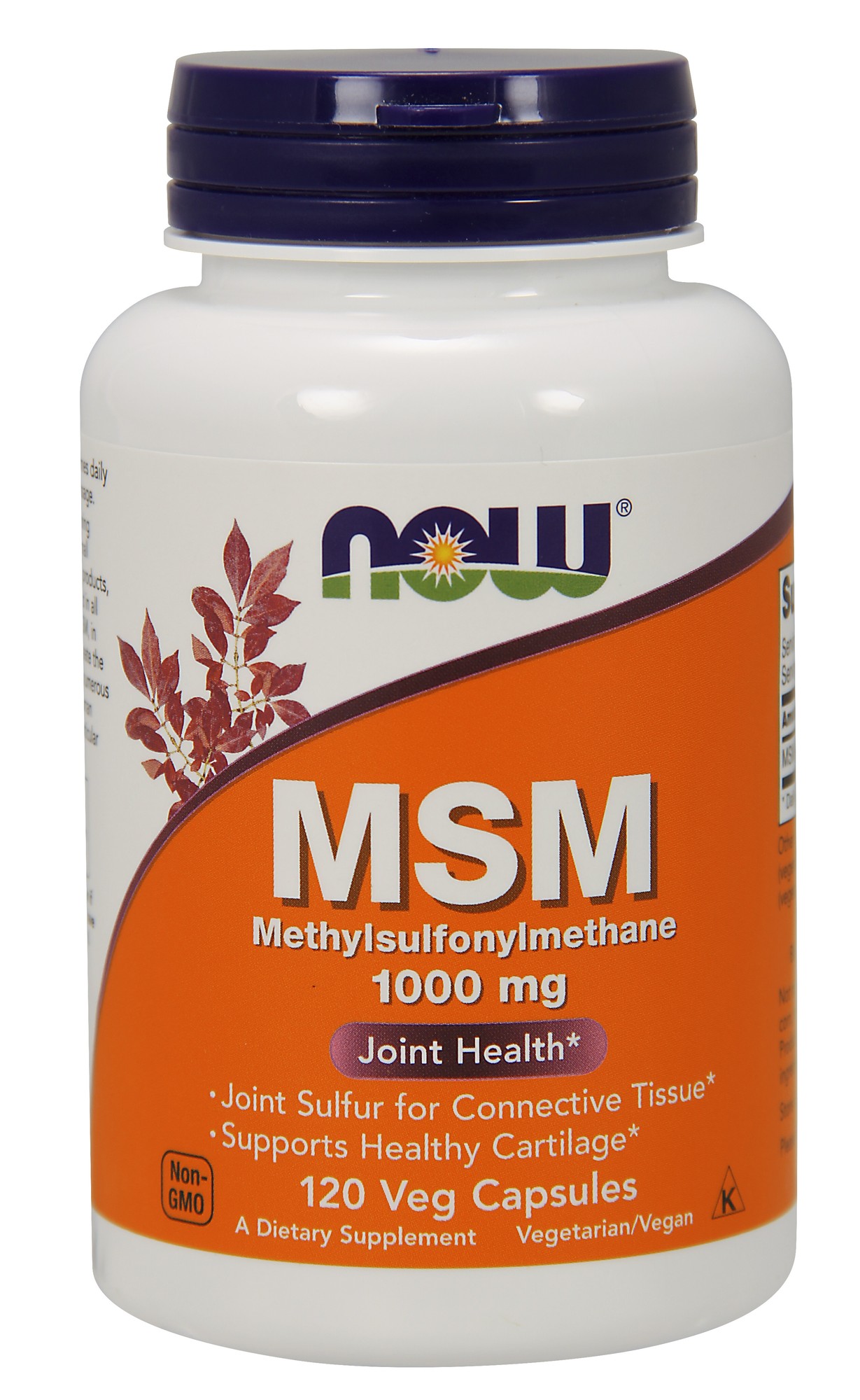White bottle with a green and orange label, featuring "NOW" logo and "MSM" in bold letters, contains 120 vegan capsules, supports joint health and connective tissue.
