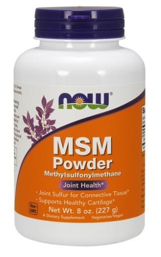 White plastic container with a purple and orange label, featuring "NOW" logo, "MSM Powder" text, and details on joint health; contains 8 oz (227 g) of methylsulfonylmethane.