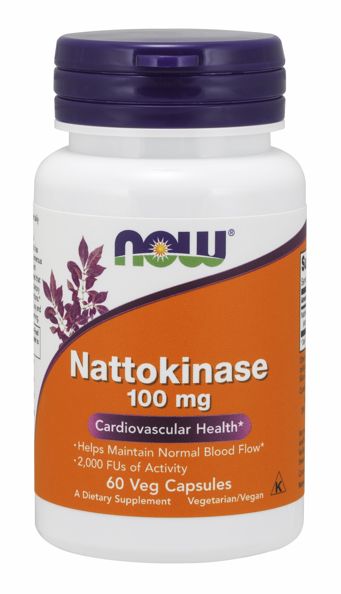 White bottle with a purple cap, labeled "NOW Foods Nattokinase 100 mg," featuring an orange and purple design, indicating 60 vegetarian capsules for cardiovascular health.