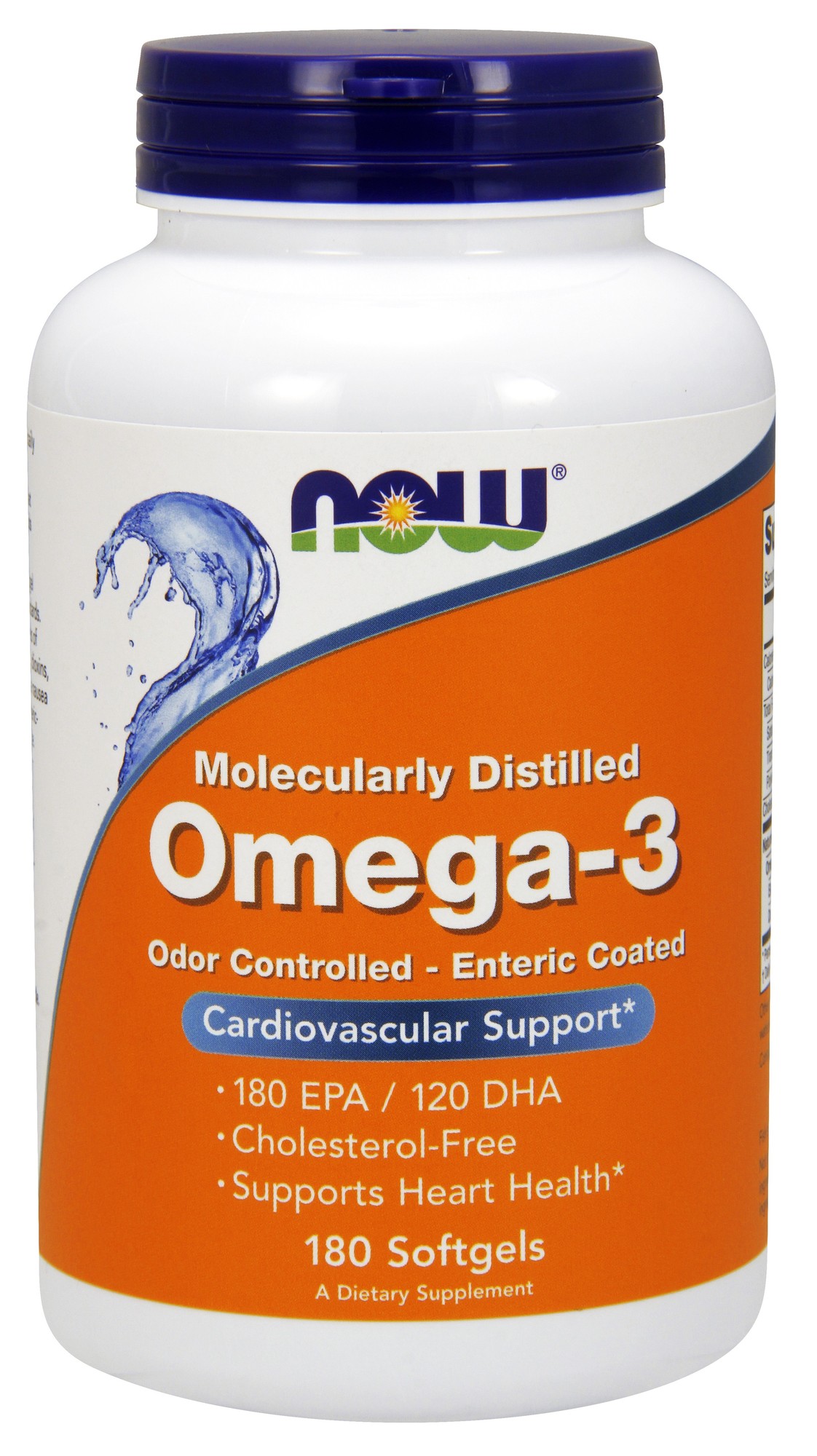 White bottle with blue and orange label, featuring "Now Foods Omega-3" text, lists 180 softgels, highlights odor control, enteric coating, and cardiovascular support benefits.