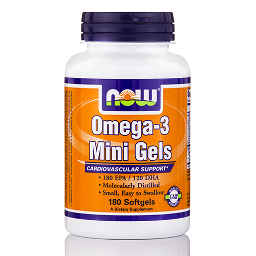 White bottle with a purple and orange label, featuring "NOW Foods Omega-3 Mini Gels" text, containing 180 softgels, emphasizing cardiovascular support and easy-to-swallow size.