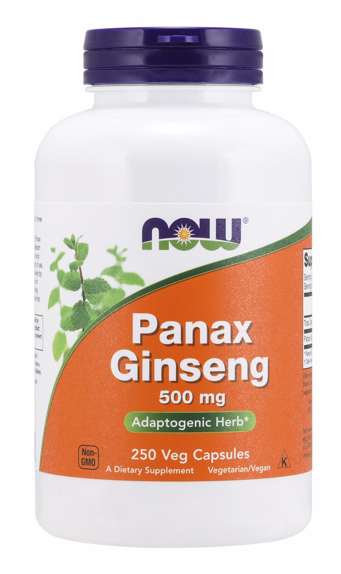 White bottle with a purple and orange label, featuring "Panax Ginseng 500 mg" in bold text, alongside green plant graphics and "250 Veg Capsules" noted at the bottom.