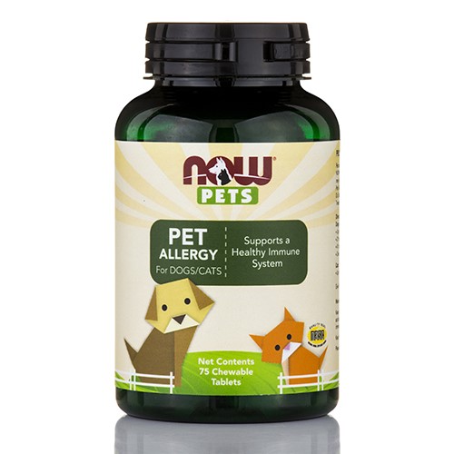 Green bottle labeled "NOW Pets Pet Allergy" with a cartoon dog and cat design, containing 75 chewable tablets, promoting a healthy immune system for pets.