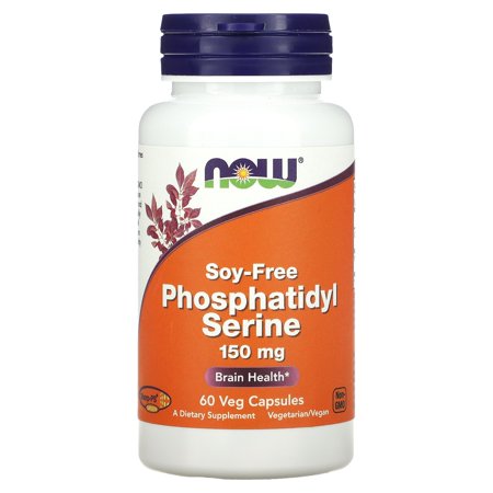 NOW Foods Phosphatidyl Serine supplement bottle with a purple cap, orange label, and white container, featuring "Soy-Free" and "Brain Health" text, containing 60 veg capsules.