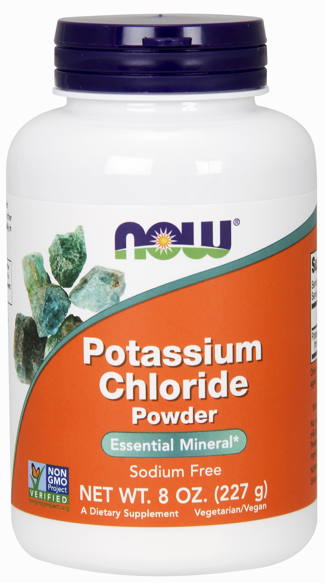 White plastic container with a purple lid, labeled "Potassium Chloride Powder" in bold orange and white text, featuring mineral graphics, 8 oz size, and "Sodium Free" note.