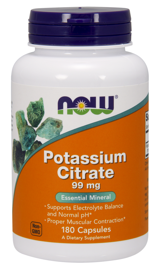 White bottle with a purple cap, featuring an orange label that reads "Potassium Citrate 99 mg" and "180 Capsules," highlighting its role in supporting electrolyte balance.