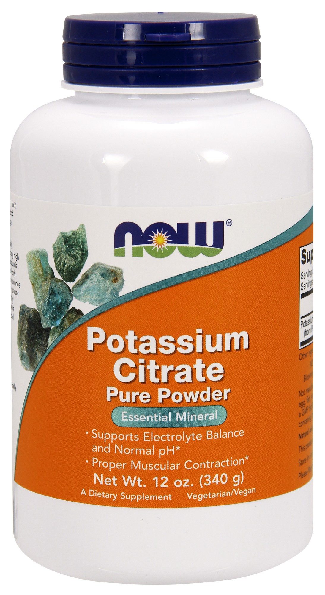 White plastic container with an orange label, featuring "NOW Foods" logo, labeled "Potassium Citrate Pure Powder," 12 oz (340 g), highlighting benefits for electrolyte balance and muscle contraction.