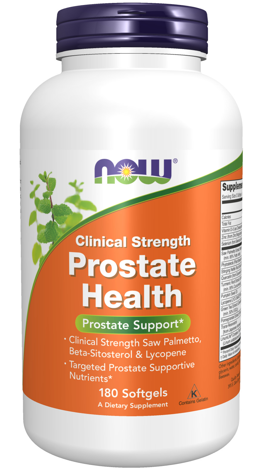 White bottle with a green and purple label, featuring "Prostate Health Clinical Strength" text, containing 180 softgels, with images of herbs and supplement details on the side.