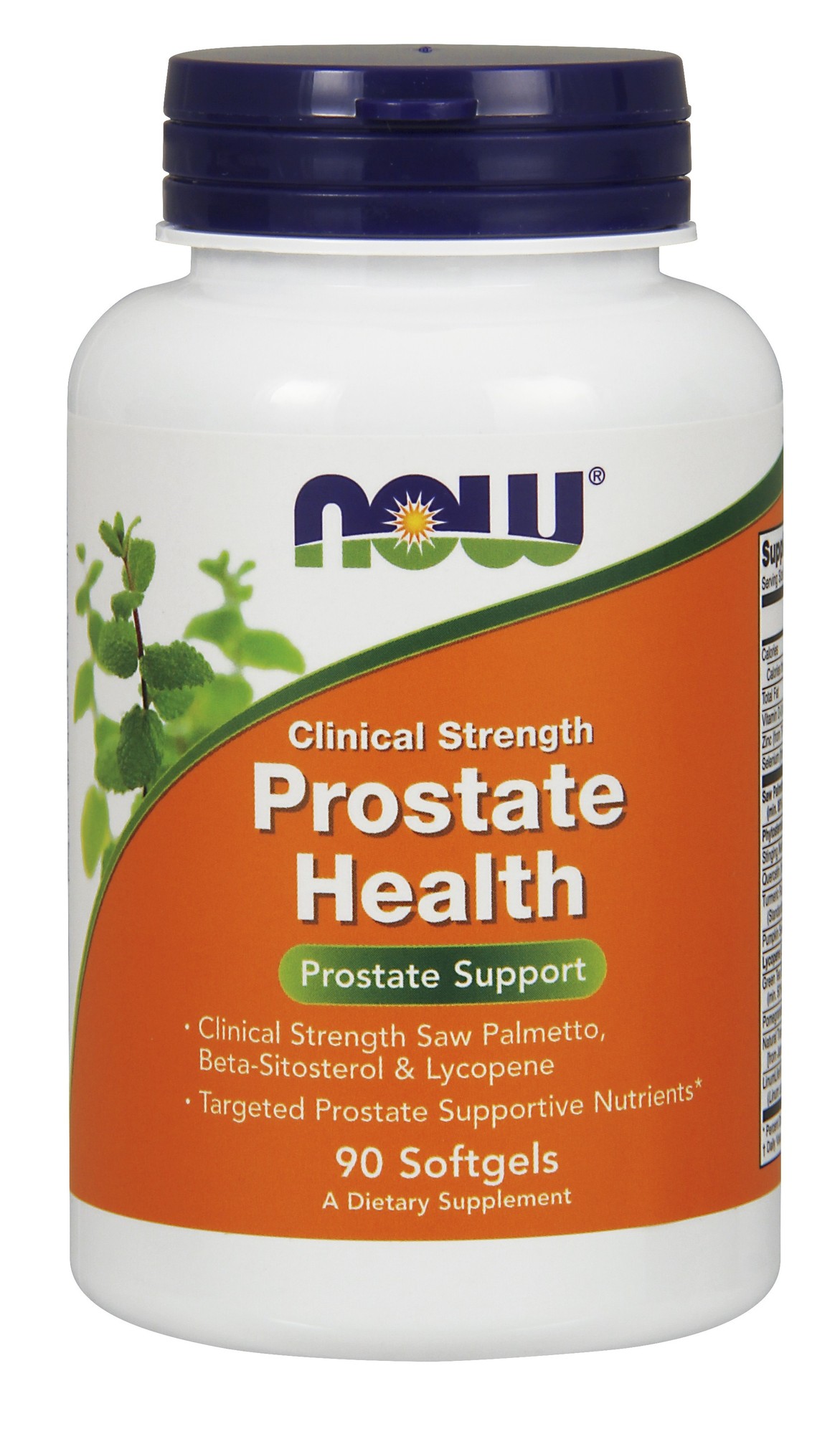 White bottle with a bright orange label featuring "NOW" logo and "Clinical Strength Prostate Health" text, containing 90 softgels, with herbal imagery on the label.