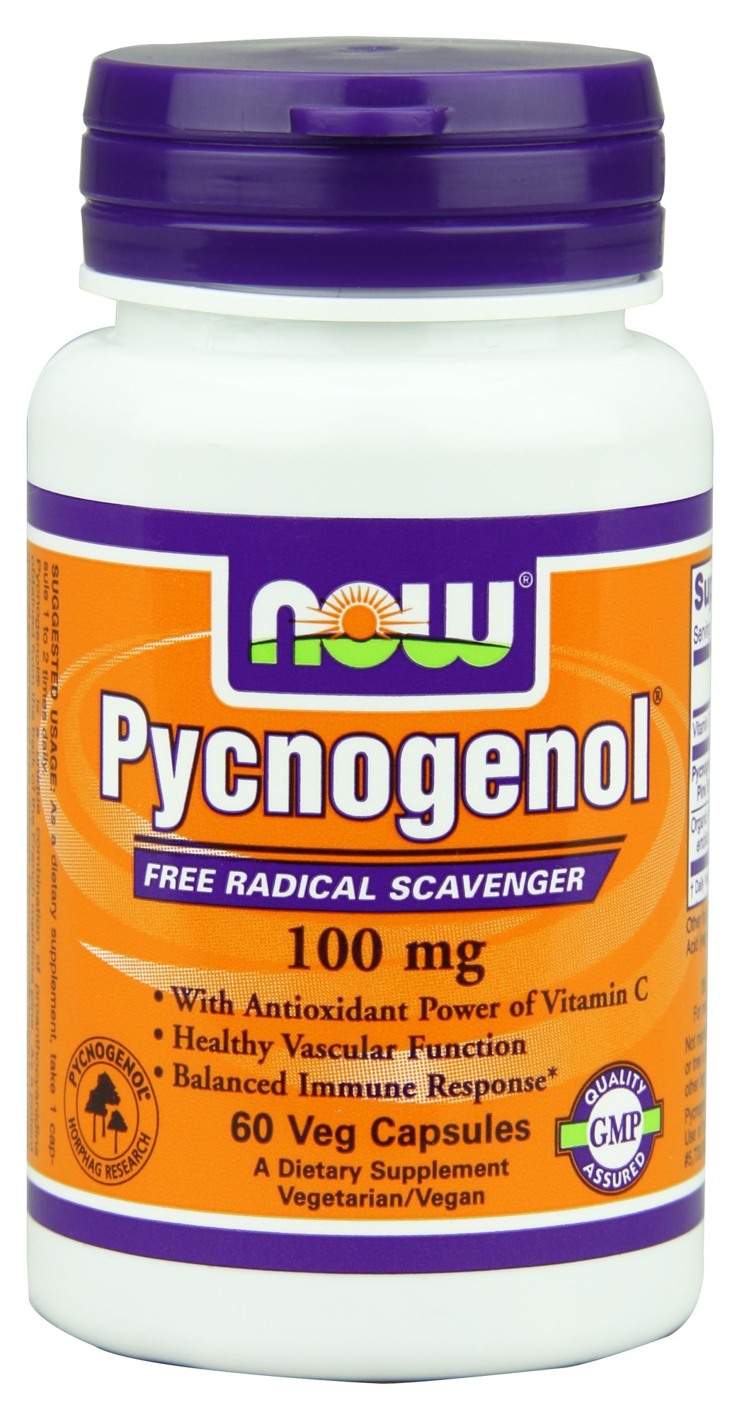White bottle with a purple cap, labeled "NOW Pycnogenol®" in orange and green, contains 60 veg capsules, highlighting antioxidant benefits and healthy vascular function.