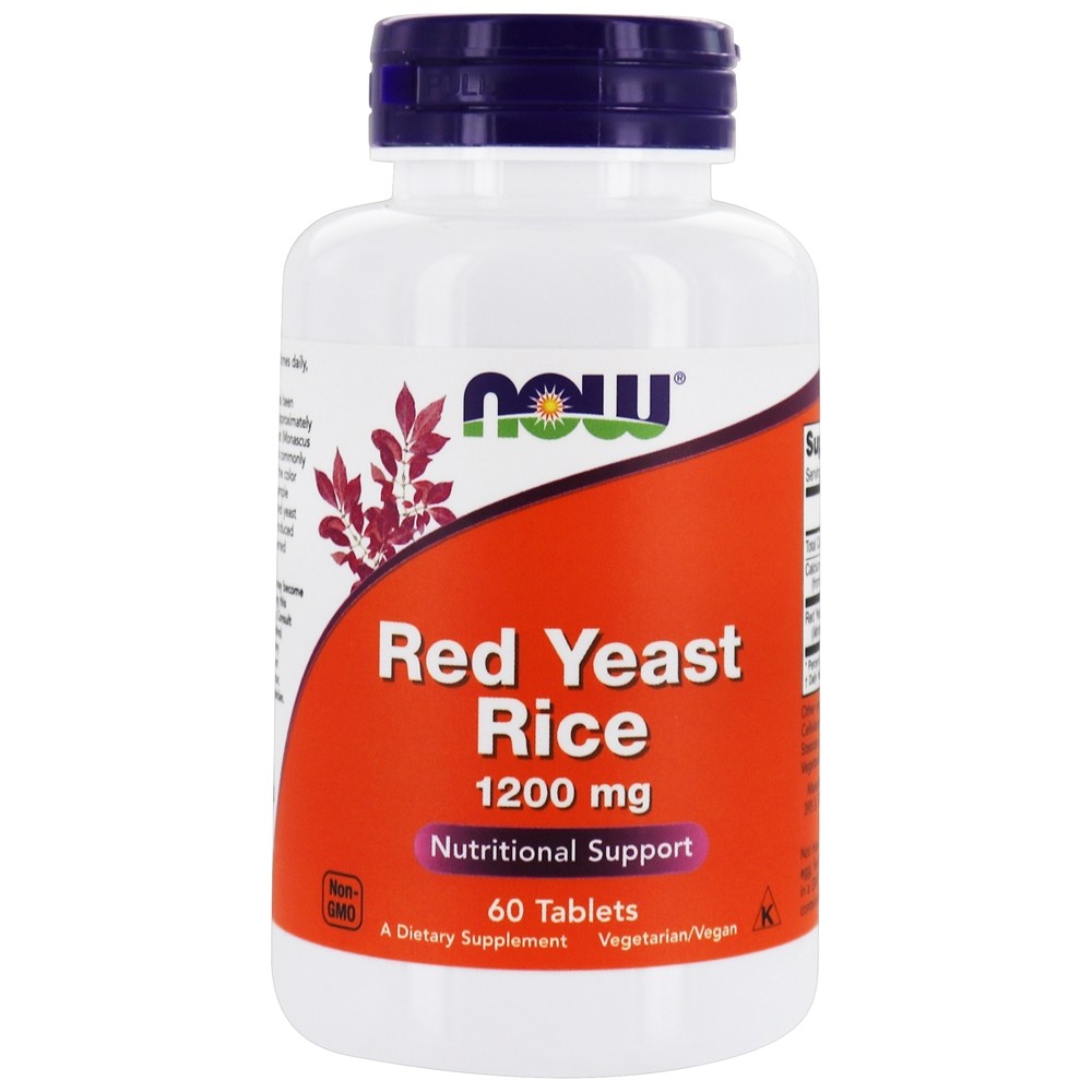 White bottle with a purple and orange label, featuring "NOW" logo, "Red Yeast Rice" in bold text, and "1200 mg" highlighted, containing 60 tablets for nutritional support.