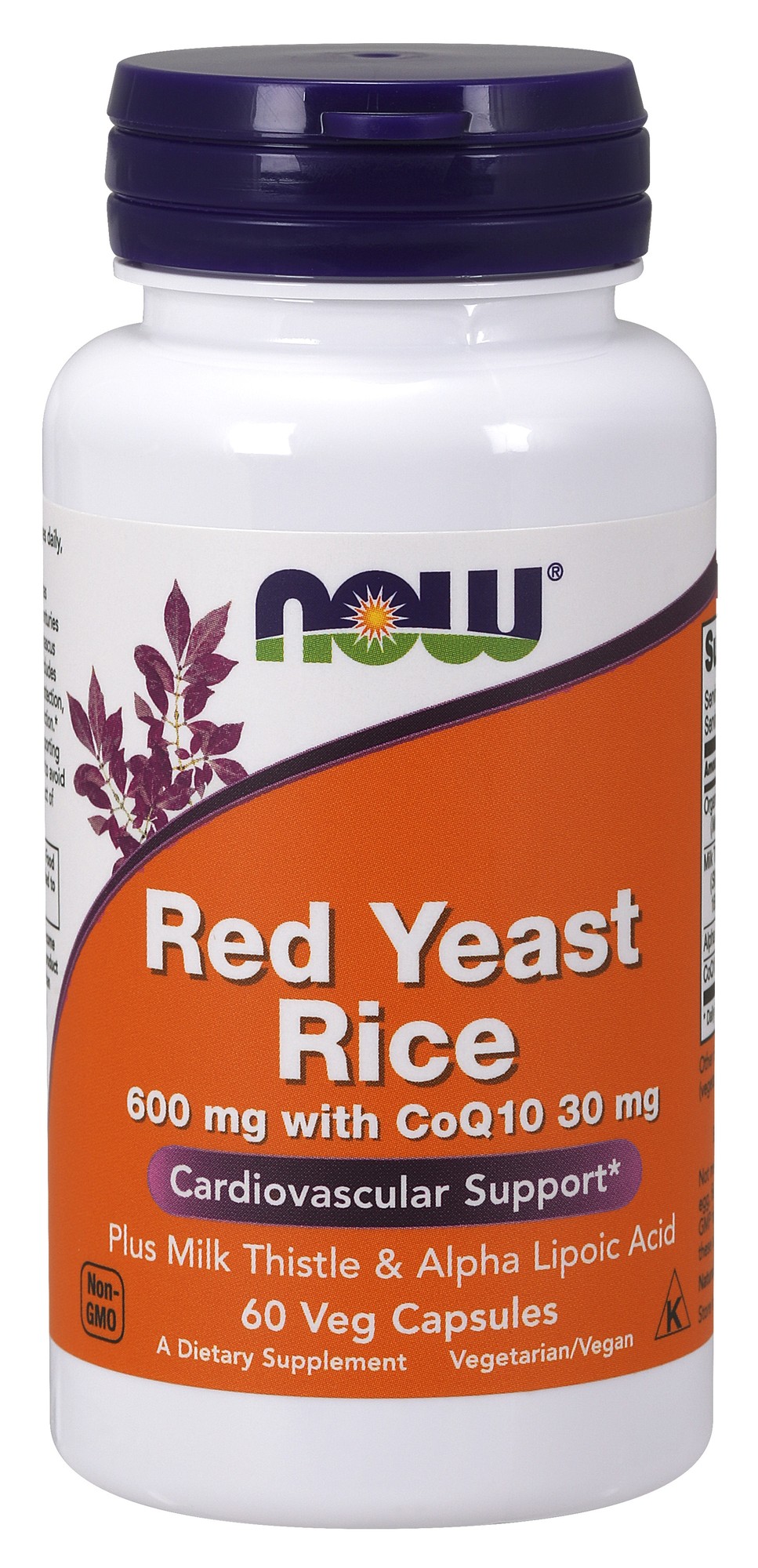 White bottle with a purple and orange label, featuring "NOW" logo, "Red Yeast Rice" text, and details about ingredients and benefits, containing 60 vegetarian capsules.