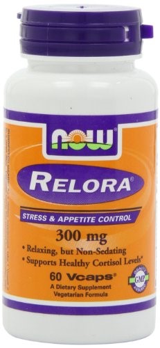 White plastic bottle with a purple and orange label, featuring "NOW Foods Relora 300mg" text, indicating it contains 60 vegetarian capsules for stress and appetite control.