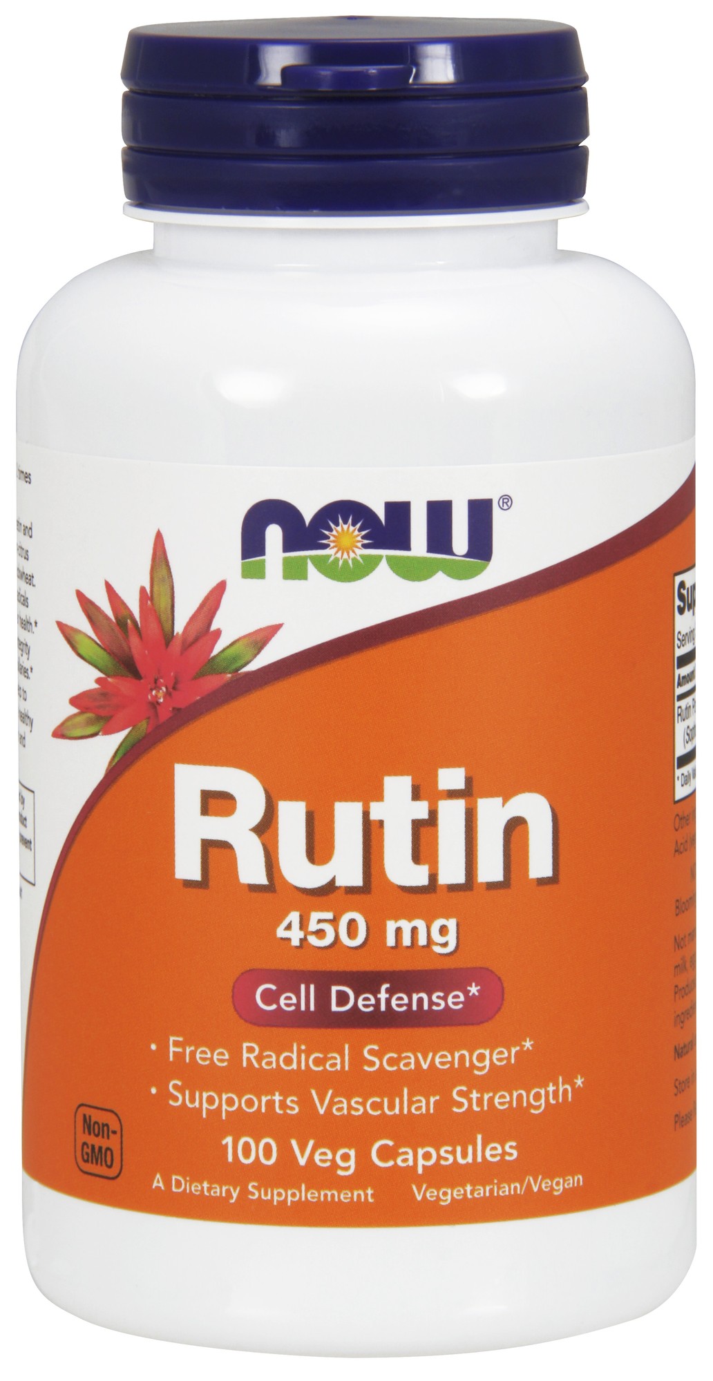 White bottle with an orange label featuring "Rutin 450 mg" in bold, a flower graphic, and details about its benefits, containing 100 vegetarian capsules.