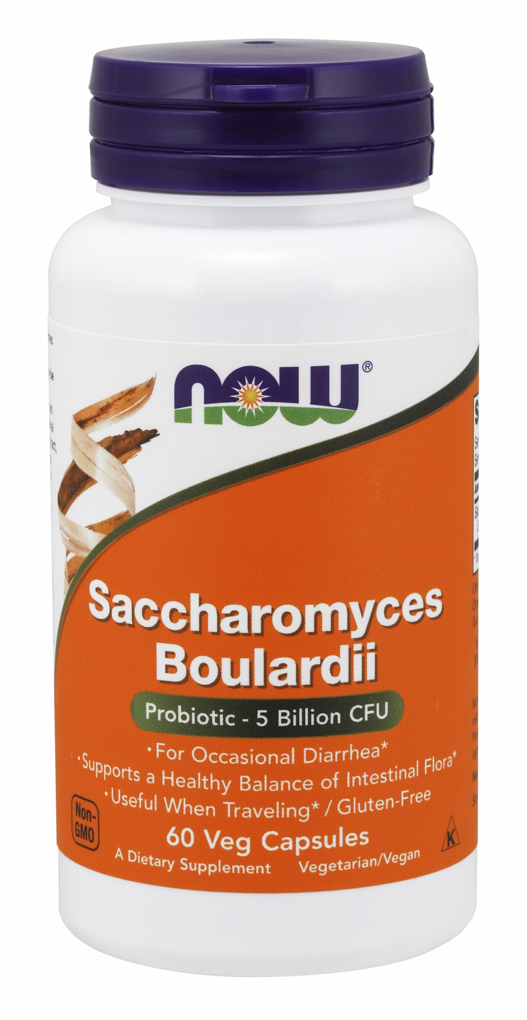 White bottle with a purple cap, featuring an orange label that reads "Saccharomyces Boulardii 5 Billion CFU," and lists benefits and details about the product.