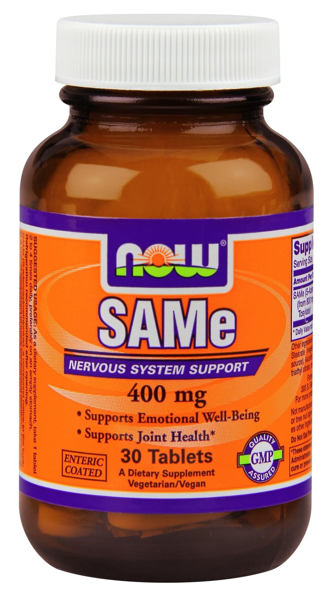 Brown bottle with a purple and orange label, featuring "Now Foods SAMe" in bold text, containing 30 enteric-coated tablets for emotional well-being and nervous system support.