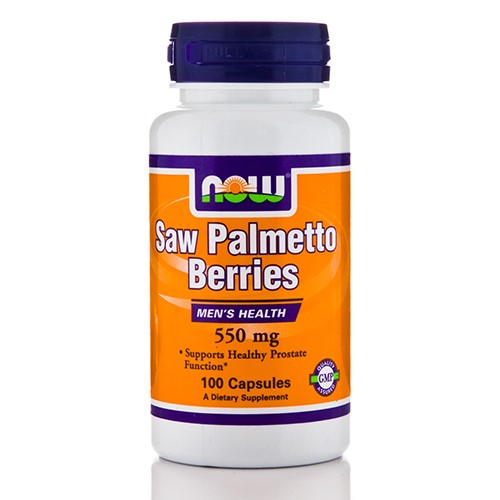 White plastic bottle with a purple cap, featuring an orange label that reads "NOW Saw Palmetto Berries 550 Mg" and "100 Veg Capsules," emphasizing men's health and prostate support.