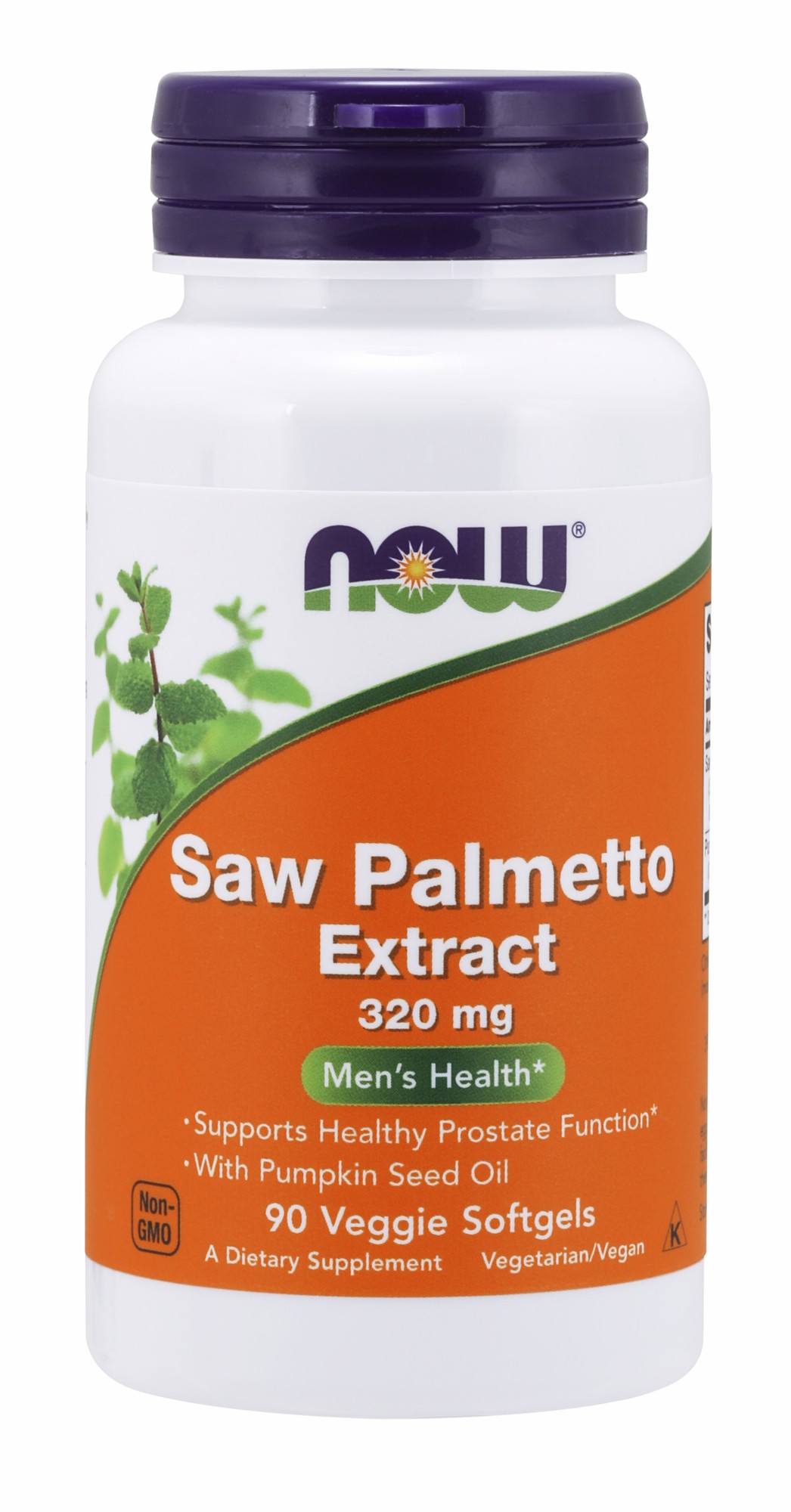 White bottle with a purple cap, labeled "Saw Palmetto Extract 320 mg" in orange and green, featuring a plant graphic and stating "90 Veggie Softgels" for men's health.