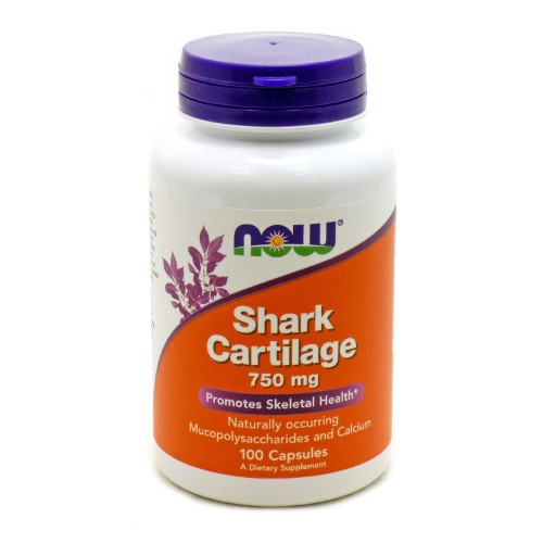 White bottle with a purple lid, featuring an orange and purple label that reads "NOW Shark Cartilage, 750 mg, 100 Capsules," highlighting its dietary supplement benefits.