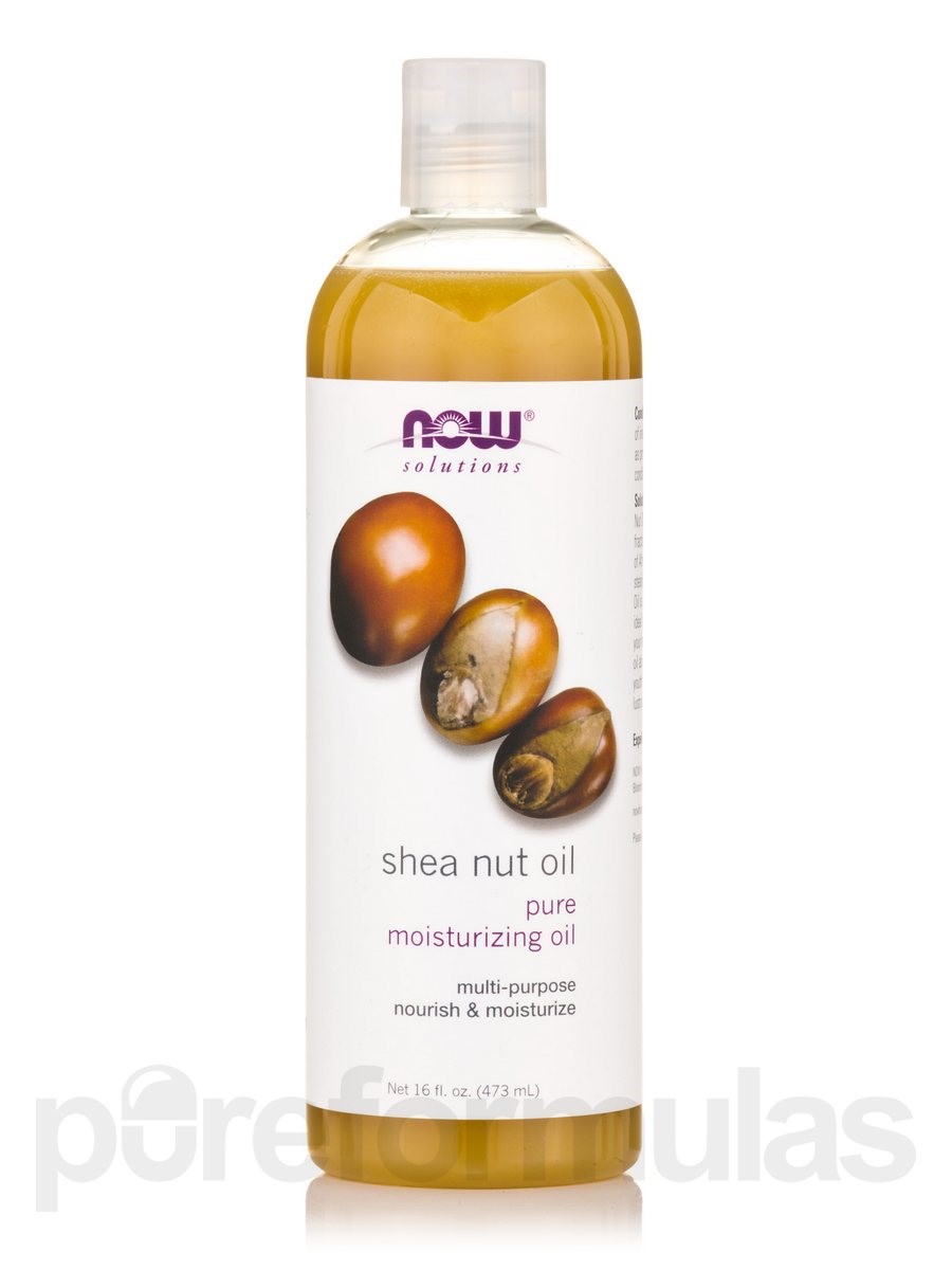 Clear plastic bottle containing 16 oz of golden shea nut oil, labeled with "Now Foods" and "Shea Nut Oil" in bold, featuring a simple design and images of shea nuts.