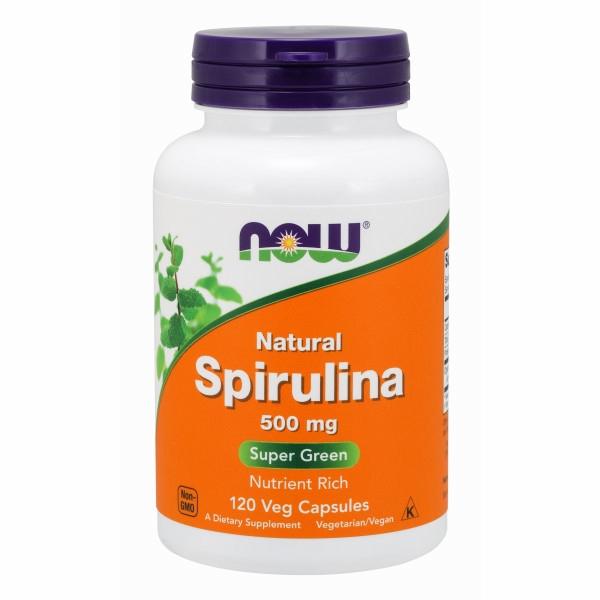 White bottle with a purple cap, labeled "NOW Natural Spirulina 500 mg" in orange and green, containing 120 vegetarian capsules, marked as nutrient-rich and super green.