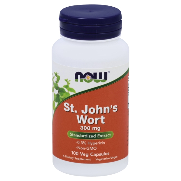 White bottle with a blue cap labeled "NOW Foods, St. John's Wort, 300 Mg, 100 Veg Capsules," featuring green plant graphics and highlighting "Standardized Extract" and "Non-GMO."