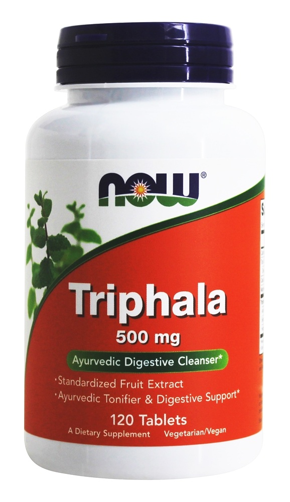 White bottle with a red label, featuring "NOW" logo and "Triphala" in bold, contains 120 tablets, labeled as an Ayurvedic digestive cleanser and dietary supplement.