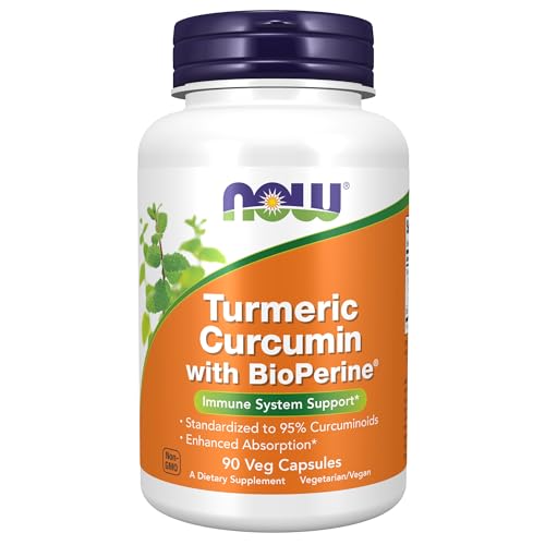 White bottle with an orange label, featuring "Turmeric Curcumin with BioPerine" in bold text, contains 90 vegetarian capsules, highlighting immune system support and enhanced absorption.