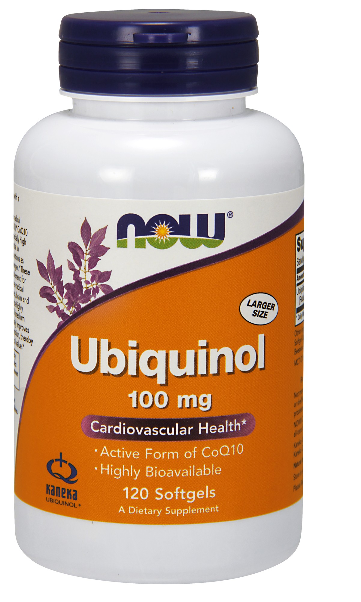 White bottle with a blue and green label, featuring "Ubiquinol 100 mg" in bold letters, and a purple flower graphic; contains 120 softgels for cardiovascular health.