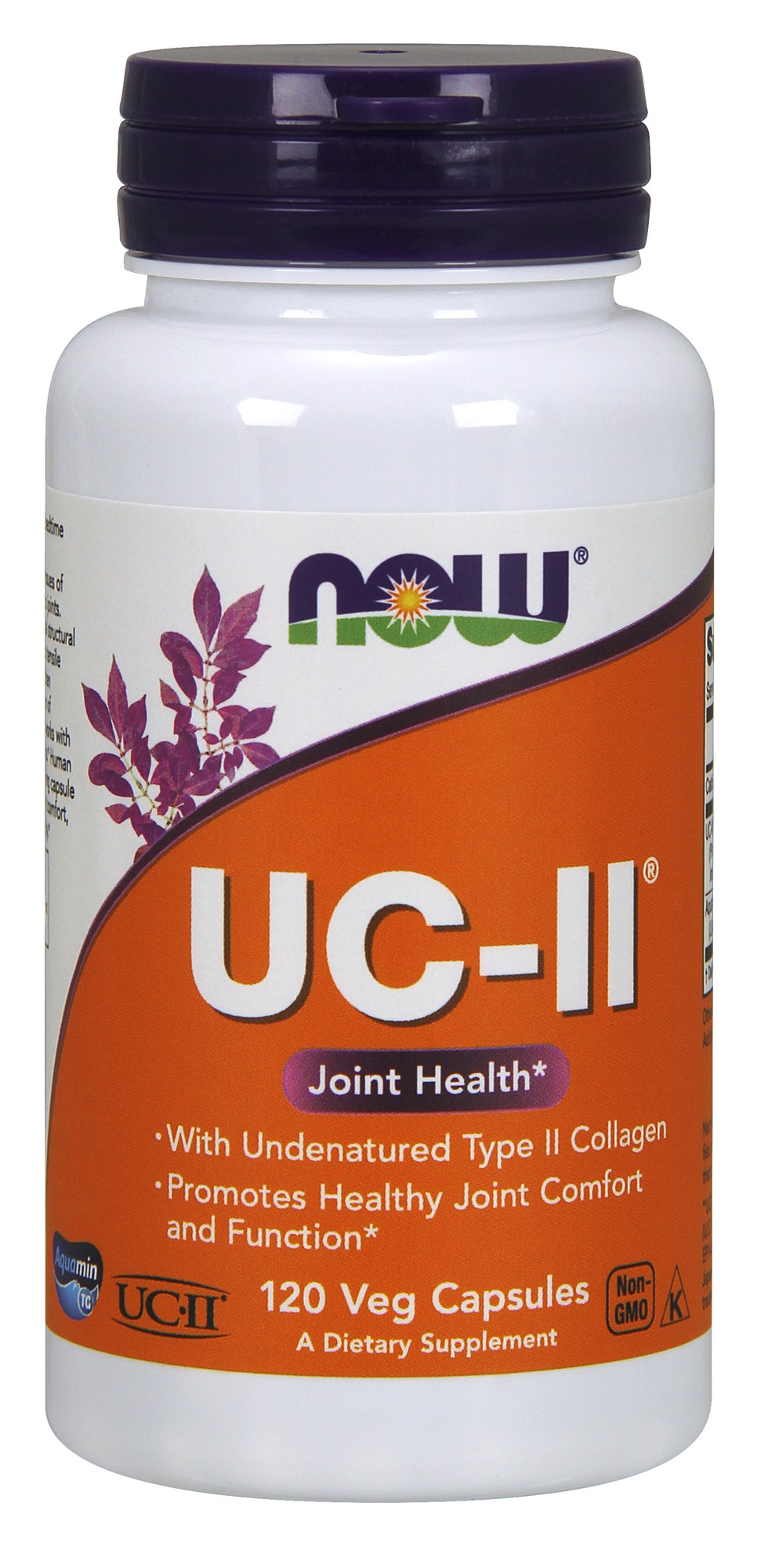 White bottle with a purple and green label, featuring "UC-II" in bold letters, promoting joint health with 120 vegetarian capsules, and marked as non-GMO.