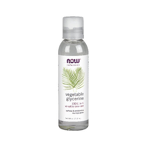 Clear plastic bottle of NOW Foods Vegetable Glycerin, 4 fl oz, featuring a white label with green text and a leaf design, capped with a transparent flip-top lid.