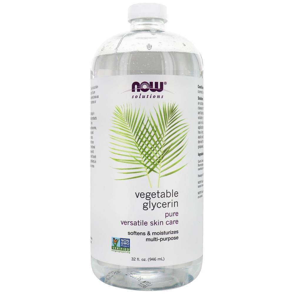Clear plastic bottle of Now Solutions Organic Vegetable Glycerin, featuring a palm leaf design, labeled as 32 fl. oz., emphasizing its moisturizing and multi-purpose skincare properties.