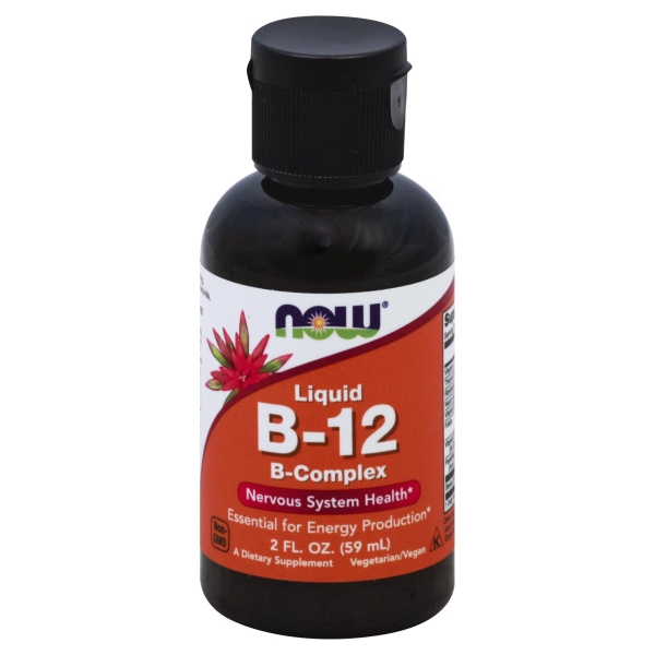 Black plastic bottle with a bright orange label featuring "NOW" logo, "Liquid B-12" text, and a pink flower design; 2 FL OZ size, dietary supplement for energy production.