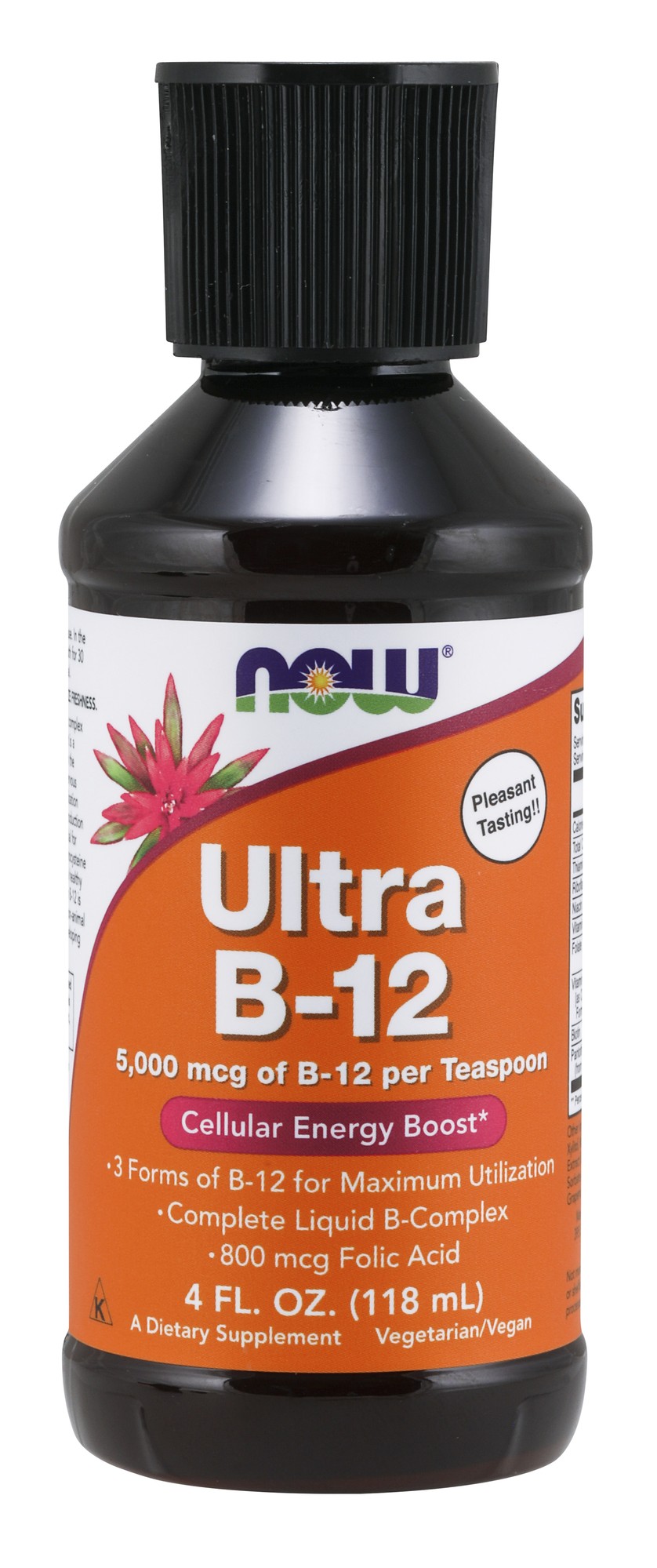 Ultra B-12 Liquid by NOW Foods in a dark amber bottle with a black cap, featuring a bright orange label with white text, floral graphics, and details on B-12 content and benefits.