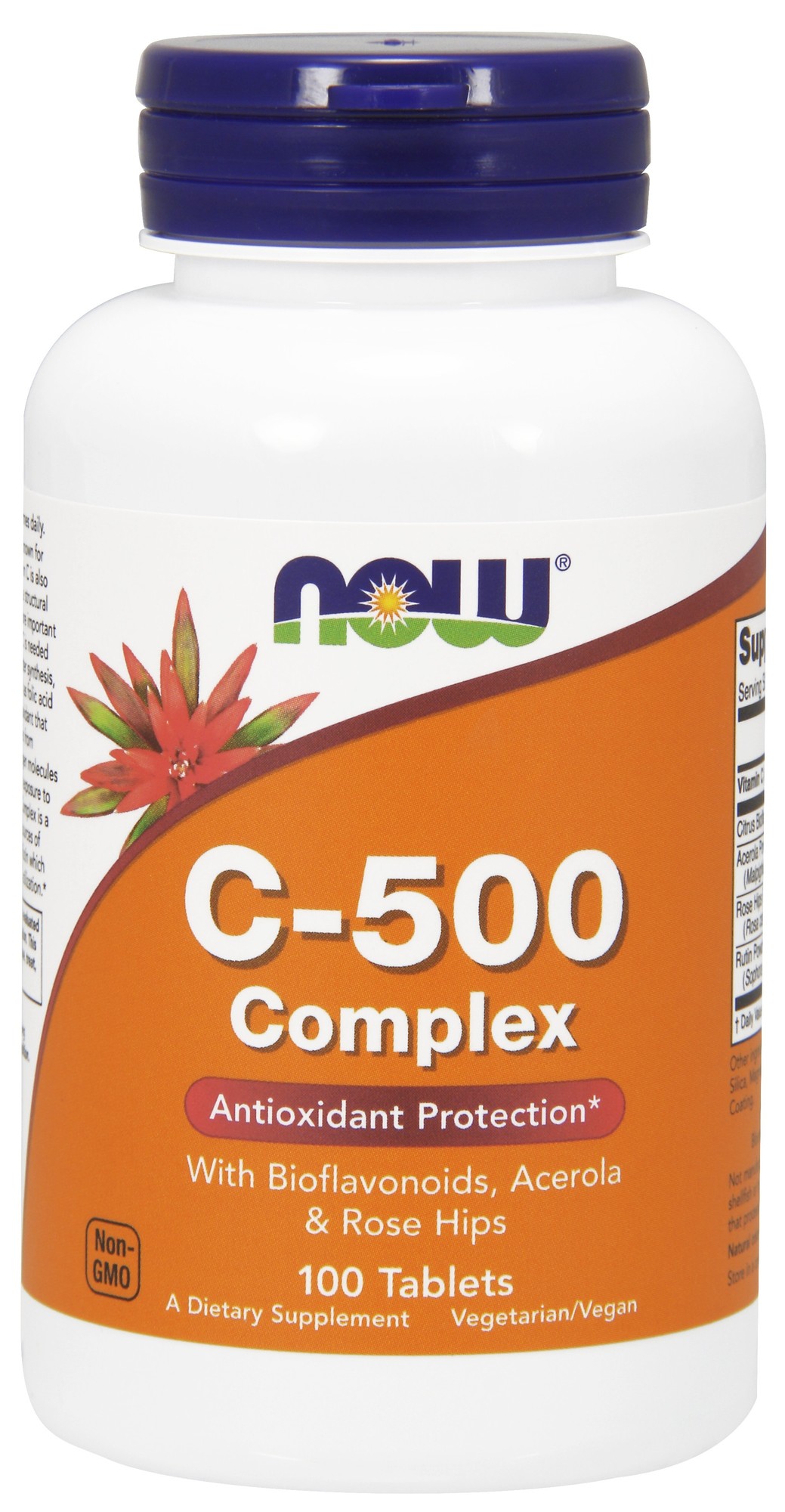 White bottle with an orange label featuring "NOW" logo, "C-500 Complex" in bold, and details about ingredients; contains 100 tablets, marked as non-GMO and vegetarian/vegan.