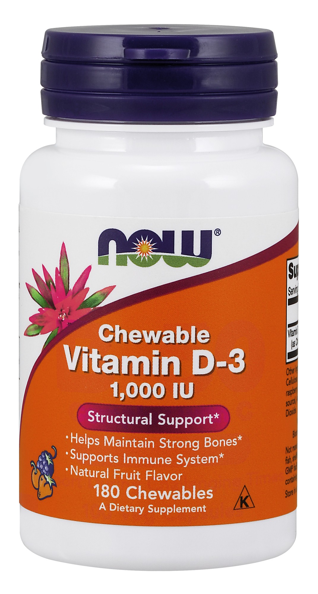 White bottle with a purple cap, featuring a colorful label that highlights "Chewable Vitamin D-3, 1,000 IU" and lists benefits; contains 180 chewable tablets with a natural fruit flavor.