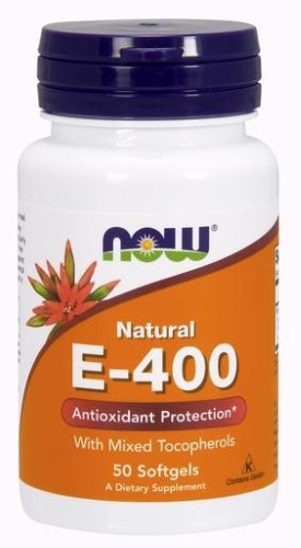 White bottle with a purple cap, labeled "NOW Natural E-400" in green and orange, containing 50 softgels, highlighting antioxidant protection with mixed tocopherols.