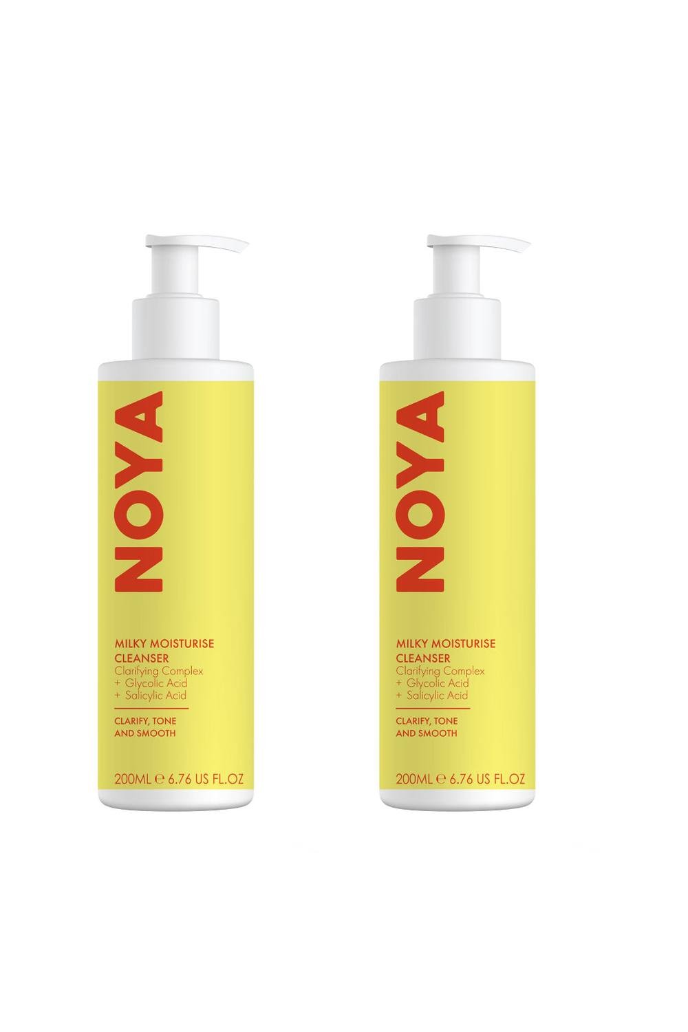 Two bottles of NOYA Women's Milky Moisturise Cleanser, each 200ml, featuring a bright yellow label with white text, pump dispensers, and a sleek, modern design.