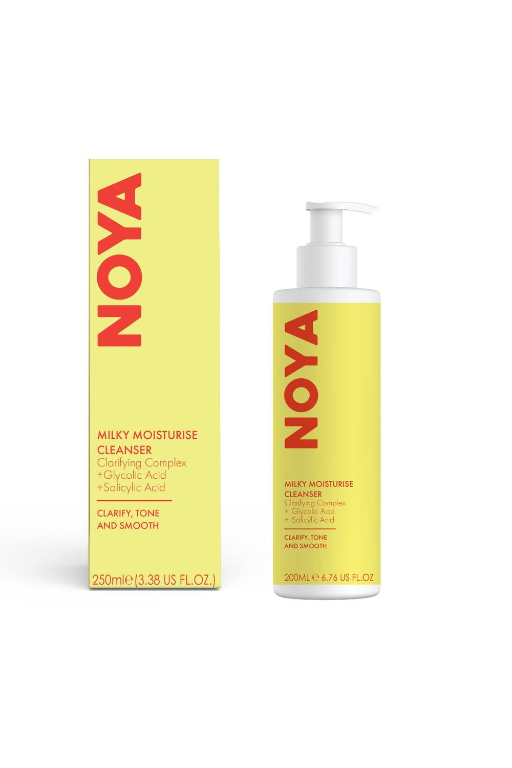 White bottle with a pump dispenser, labeled "NOYA Milky Moisturise Cleanser 200ml," featuring bright yellow accents and a box with similar design, highlighting key ingredients.