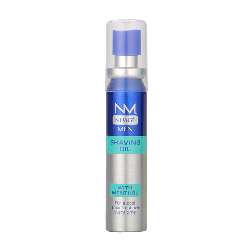 Nuage Men Shaving Oil in a 25ml clear bottle with a blue and silver design, featuring a pump dispenser and a label highlighting "with menthol" for a refreshing shave.