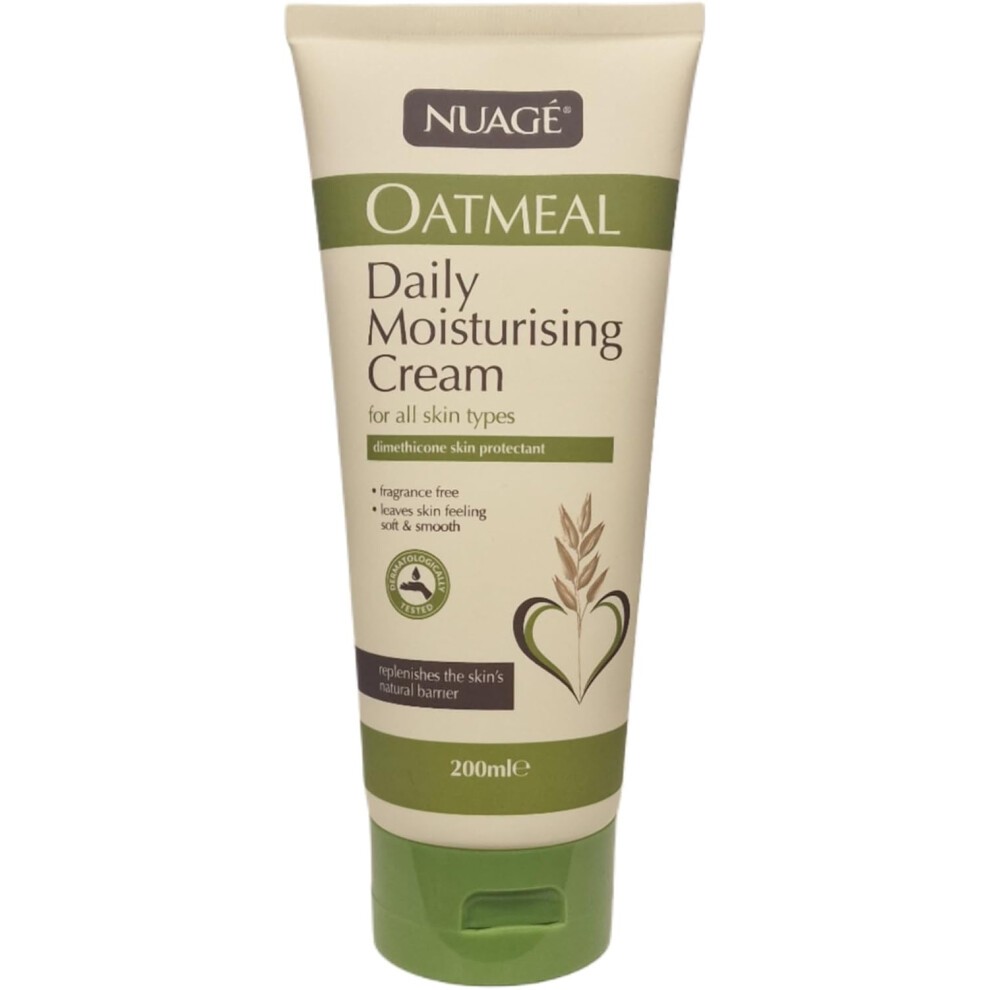 Nuage Oatmeal Daily Moisturizing Cream in a 200ML white tube with green accents, featuring a heart logo and text highlighting its skin-protecting and moisturizing properties.