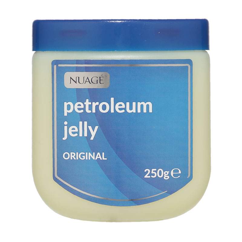 Nuage Petroleum Jelly in a clear jar with a blue lid, labeled "petroleum jelly" and "250g," featuring a smooth, translucent texture.